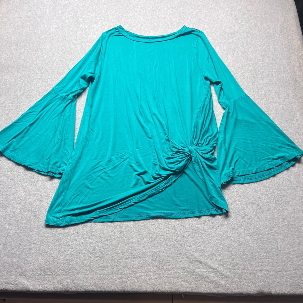 Crazy Train Teal Bell Sleeve Side Knot Knit Top Womens Medium Boho Stretch